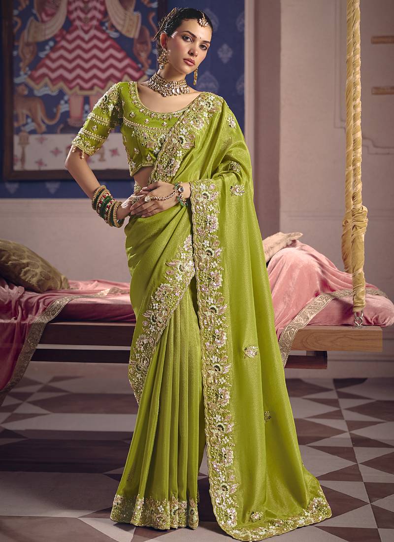 Parrot green silk embroidered wedding wear saree