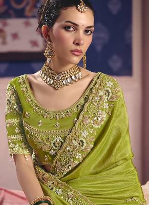 parrot green embroidered silk wedding saree 2