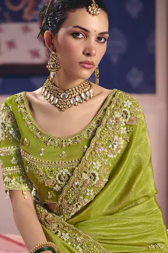 parrot green embroidered silk wedding saree