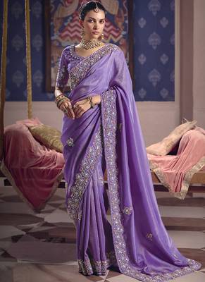 purple embroidered silk wedding saree 1