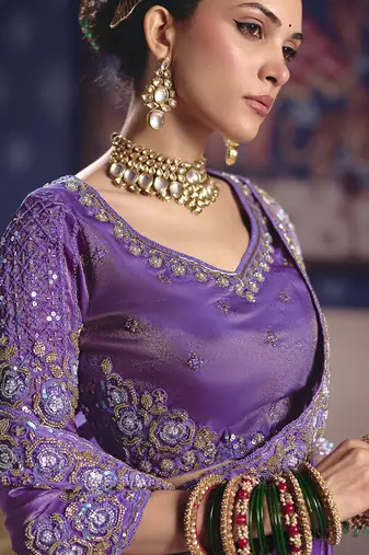 purple embroidered silk wedding saree
