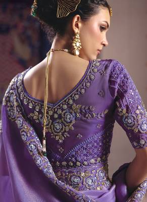 purple embroidered silk wedding saree 3
