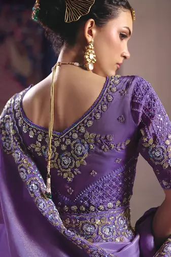 purple embroidered silk wedding saree