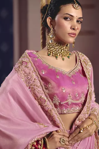 light pink embroidered silk wedding saree