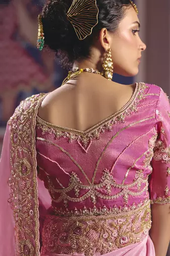 light pink embroidered silk wedding saree