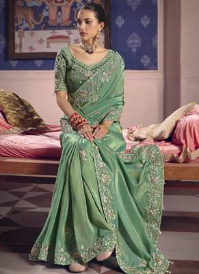 dark green embroidered silk wedding saree 3