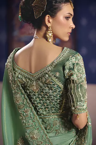 dark green embroidered silk wedding saree