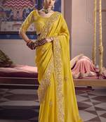 yellow embroidered silk wedding saree