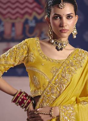 yellow embroidered silk wedding saree 2