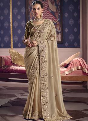 dark beige embroidered silk wedding saree 1