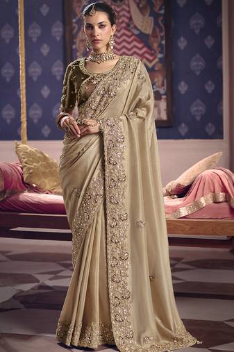 Dark beige silk embroidered wedding wear saree