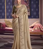 dark beige embroidered silk wedding saree
