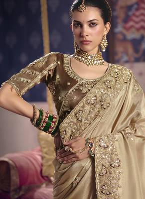 dark beige embroidered silk wedding saree 2
