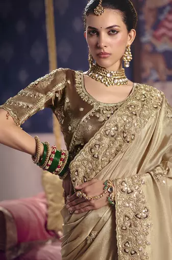 dark beige embroidered silk wedding saree