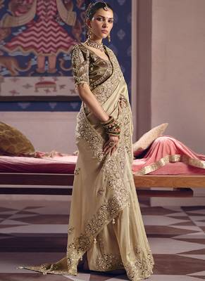 dark beige embroidered silk wedding saree 3
