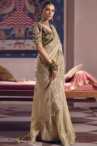 dark beige embroidered silk wedding saree