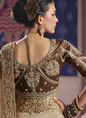 dark beige embroidered silk wedding saree 4