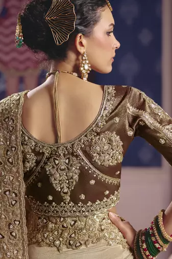 dark beige embroidered silk wedding saree