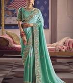 turquoise embroidered silk wedding saree
