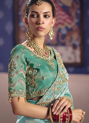 turquoise embroidered silk wedding saree 2