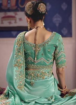 turquoise embroidered silk wedding saree 3