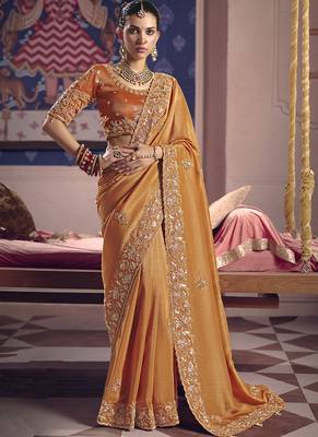 orange embroidered silk wedding saree 1