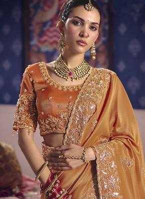 orange embroidered silk wedding saree 2