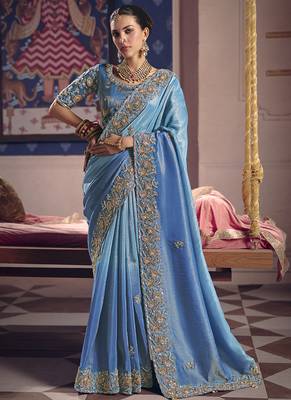 sky blue embroidered silk wedding saree 1
