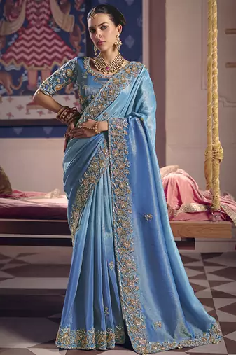 Sky blue silk embroidered wedding wear saree