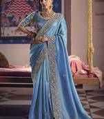 sky blue embroidered silk wedding saree