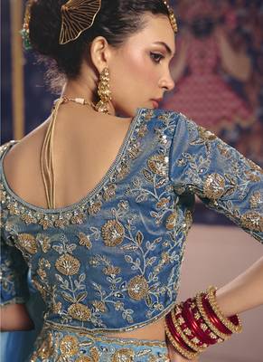sky blue embroidered silk wedding saree 2