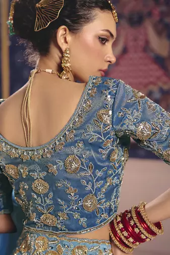 sky blue embroidered silk wedding saree