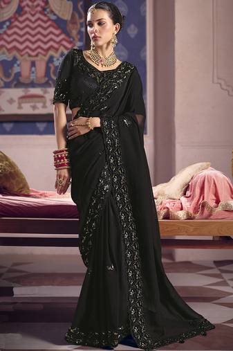Black silk embroidered wedding wear saree
