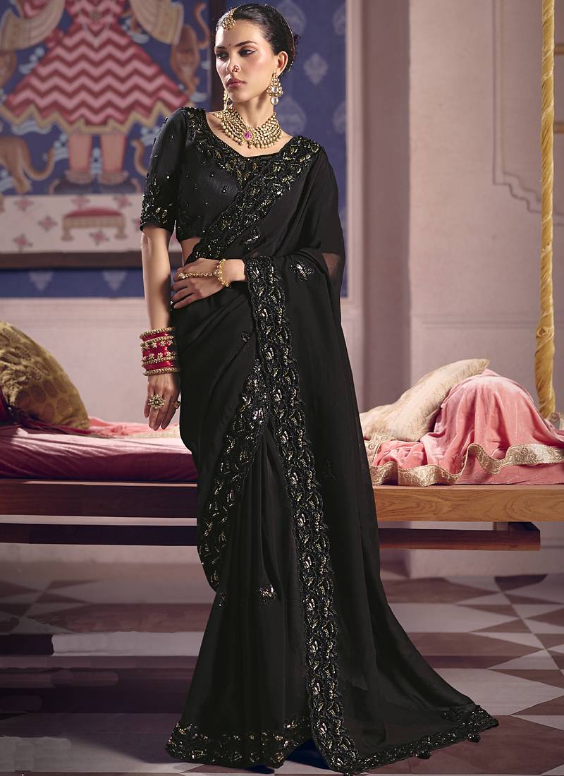Black silk embroidered wedding wear saree