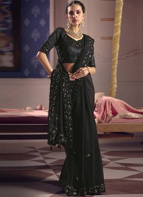 black embroidered silk wedding saree
 2