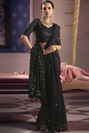 black embroidered silk wedding saree