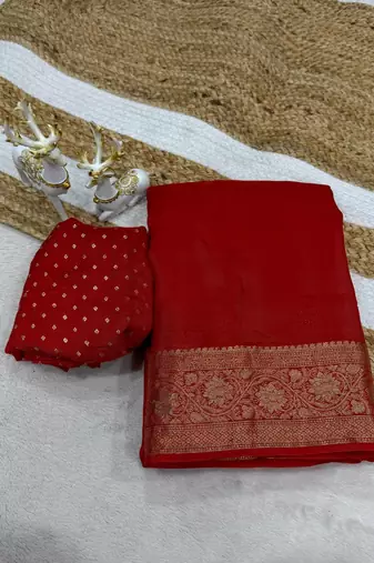 Red Color  zari border with silk saree rich pallu Work