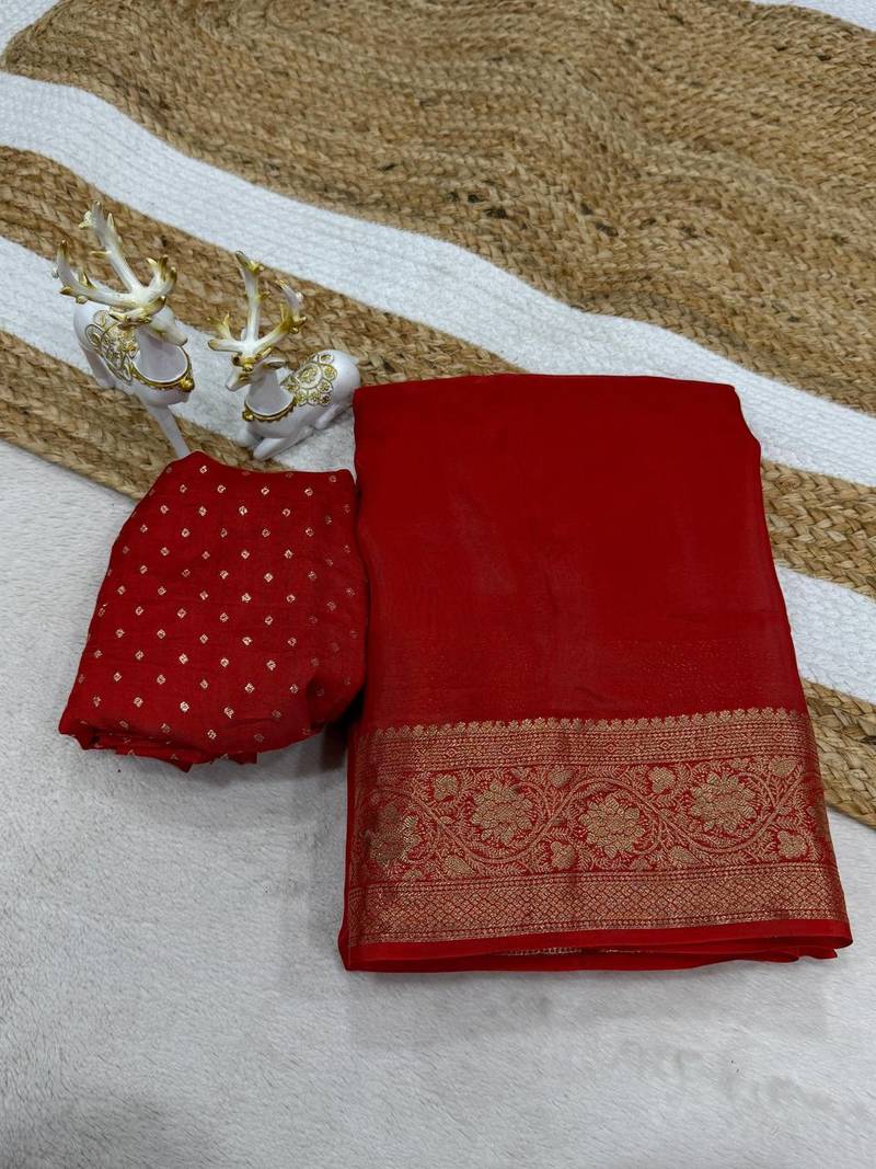 Red Color  zari border with silk saree rich pallu Work