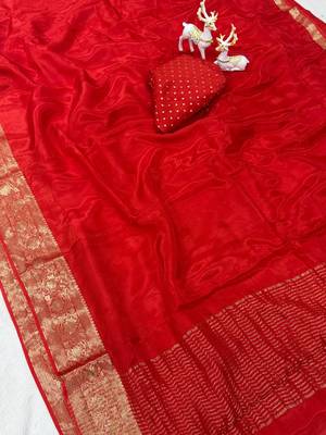 red silk blend zari border wedding saree 3