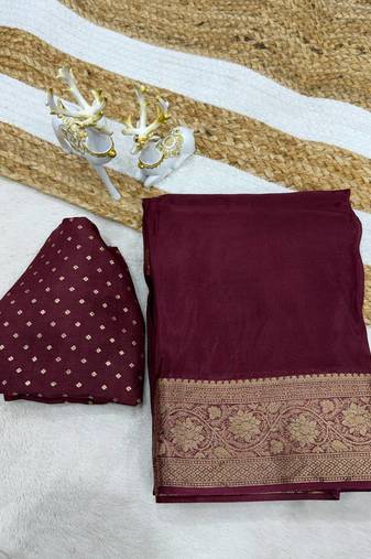 Wine Color  zari border with silk saree rich pallu Work