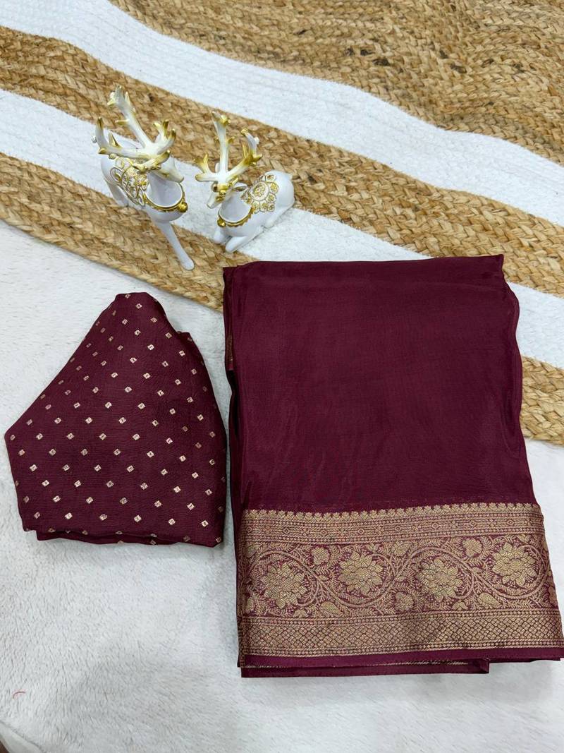 Wine Color  zari border with silk saree rich pallu Work
