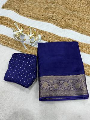 royal blue silk blend zari border wedding saree 1