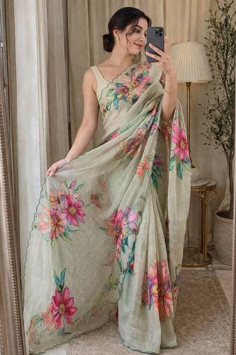 Gray Color  digital print and khatli work linen silk Saree