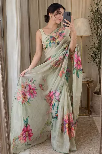 Gray Color  digital print and khatli work linen silk Saree