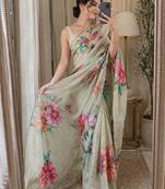 Gray Color  digital print and khatli work linen silk Saree