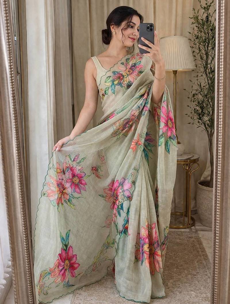 Gray Color  digital print and khatli work linen silk Saree