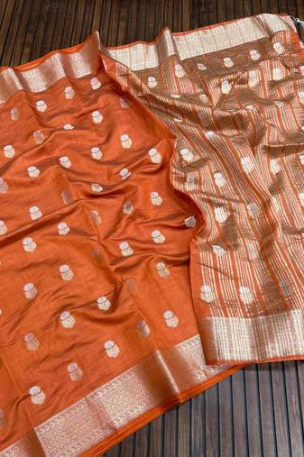 Orange  Color Jaqurad Weaving Lotus Butti  Work  Tuser Silk Saree