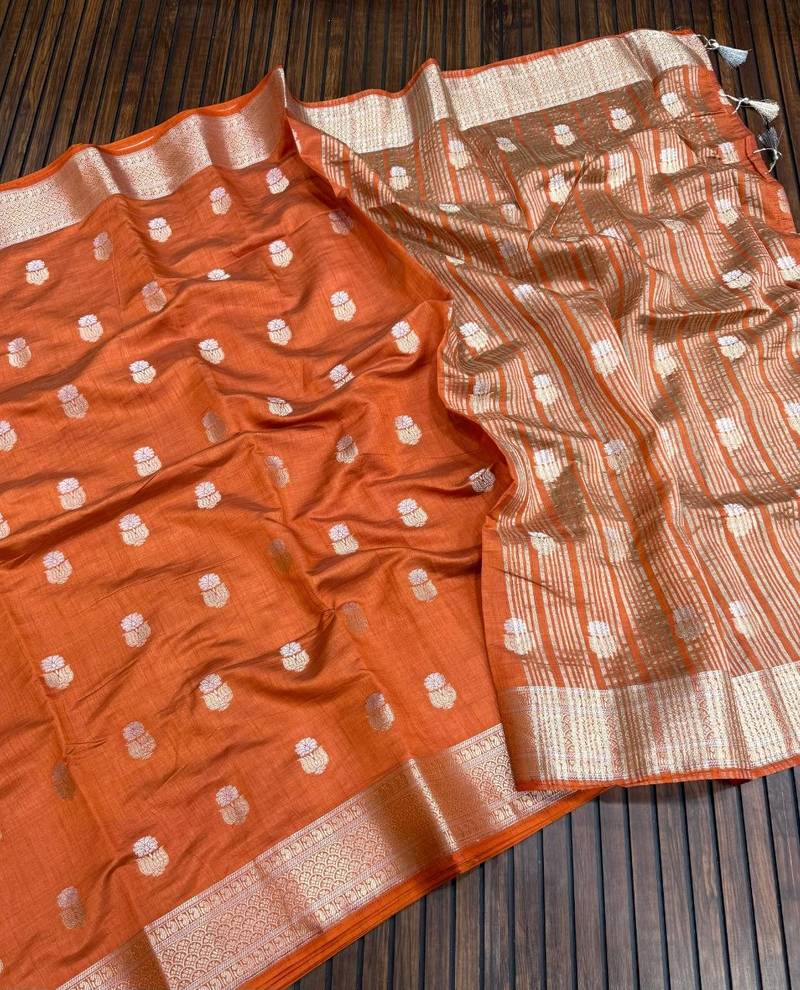 Orange  Color Jaqurad Weaving Lotus Butti  Work  Tuser Silk Saree