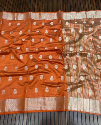 orange tussar silk zari weaving wedding saree 2