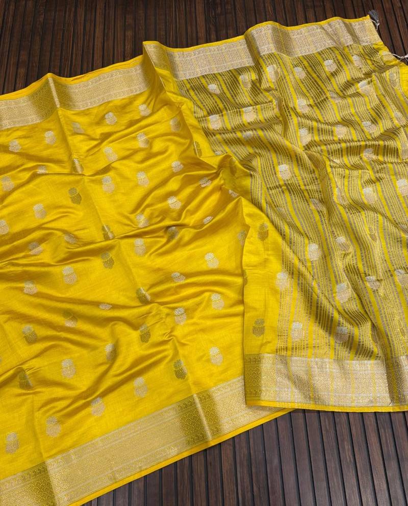 Yellow Color Jaqurad Weaving Lotus Butti  Work  Tuser Silk Saree